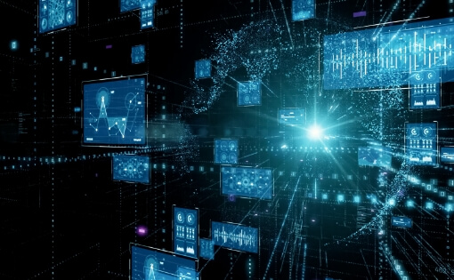 デジタル空間に広がるデータネットワーク。AI・IoT技術を活用したデジタル化とデータ活用により、次世代ビジネス価値の創造を支援。