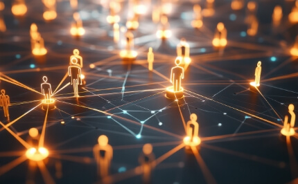 デジタルネットワークでつながる人々のイメージ。業務システムとアプリケーションを連携し、データマネジメントを最適化するソリューション。