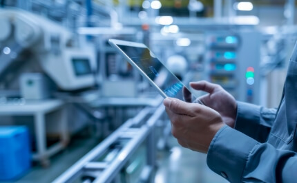 工場の自動化ラインをタブレットで監視・制御する様子。FAシステム制御機器向けソフトウェアを活用し、生産性向上・品質改善・安全性向上を実現。マシンオートメーションコントローラや画像センサなどの最新技術を導入し、スマート工場の実現を支援。