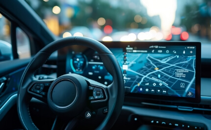 車両のデジタルインストルメントパネルとナビゲーションシステムのインターフェース。CASE時代に対応した最適なUI/UXデザインを提供。