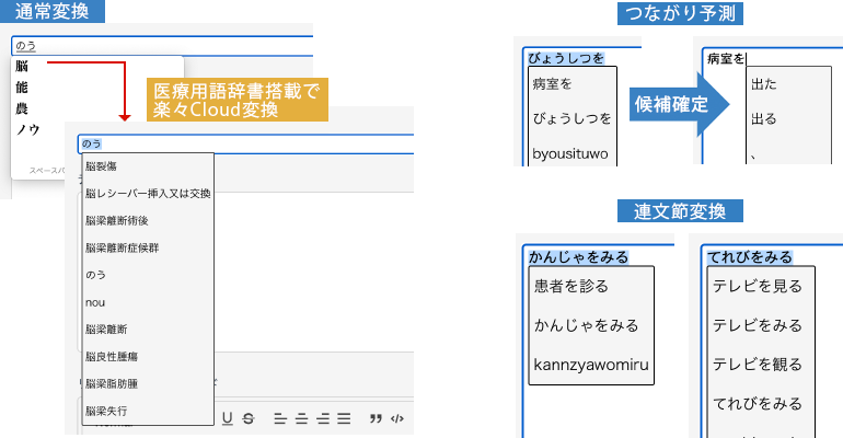 Cloud Wnnの医療用辞書搭載による専門用語変換や、つながり予測・連文節変換機能を示す入力支援機能の解説図