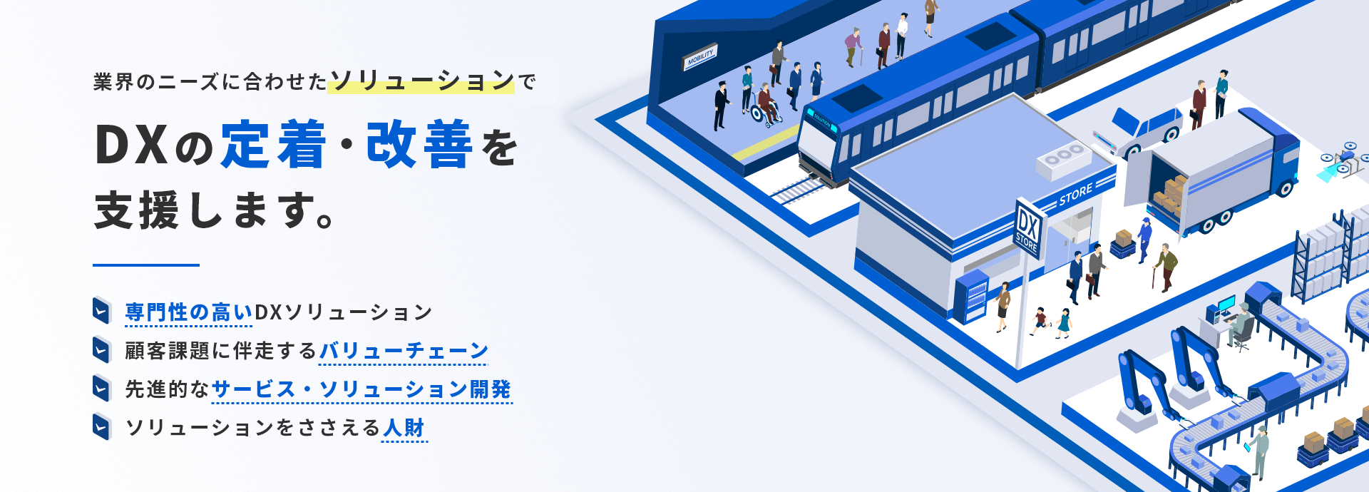 業界のニーズに合わせたソリューションでDXの定着・改善を支援します。専門性の高いDXソリューション、顧客課題に伴走するバリューチェーン、先進的なサービス・ソリューション開発、ソリューションをささえる人財。