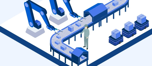 自動化された製造ラインとロボットアームによる生産工程の効率化を示すイラスト