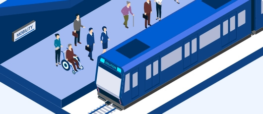 公共交通の混雑緩和とダイヤ最適化を実現するモビリティソリューションのイラスト