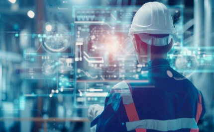 A worker operates the digital interface of a smart factory. DX solutions for the manufacturing industry to promote IoT and help improve production and digitalize the supply chain.