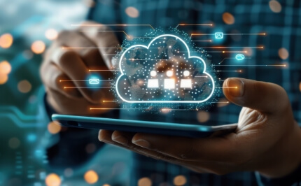 Digital image of a cloud network floating on a tablet device. Supporting the introduction of cloud services and the creation of new business models.