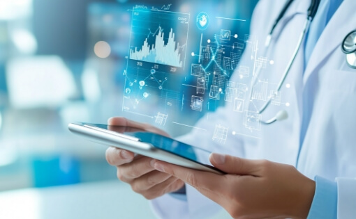 A doctor checking medical data on a tablet device. Image of smart healthcare services linked to digital blood pressure monitors and health devices.