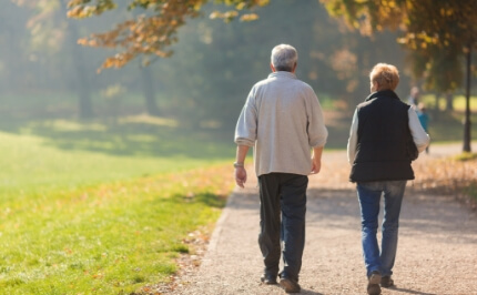 A pair of elderly people taking a walk in the park. Development of an independence support system to help extend the healthy lifespan of the elderly and prevent the need for nursing care.