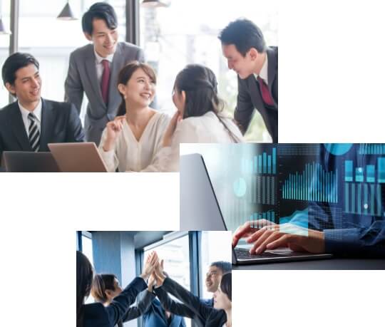 オムロン デジタルの仲間たちがチームで笑顔を交わしながら働く様子。会議、ハイタッチ、デジタルデータを扱うシーンが組み合わされた企業文化のイメージ