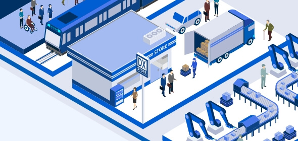 Illustrations symbolizing the digital transformation of IT infrastructure: DX Store, factory automation, logistics management, and public transportation optimization