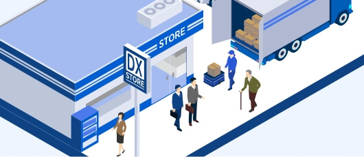 Illustration showing DX Store's logistics management and efficient truck delivery, demonstrating optimized distribution