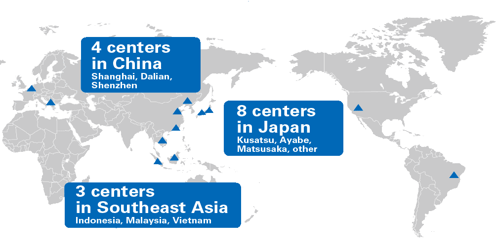 4 centers in China:Shanghai, Dalian, Shenzhen、8 centers in Japan:Kusatsu, Ayabe, Matsusaka, other、3 centers in Southeast Asia:in Southeast Asia Indonesia, Malaysia, Vietnam