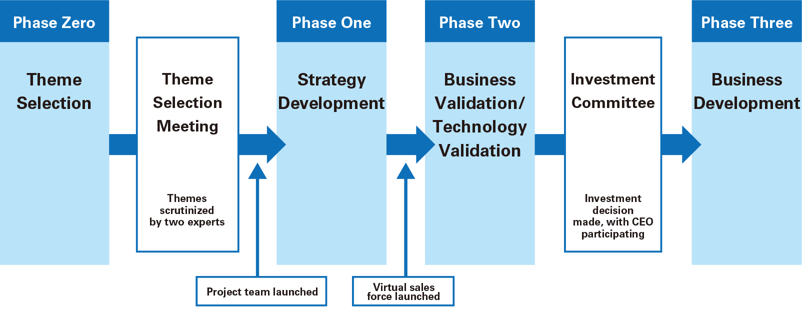 Phase Zero:Theme Selection→Theme Selection Meeting(Themes scrutinized by two experts)→Project team launched→Phase One:Strategy Development→Virtual sales force launched→Phase Two:Business Validation/ Technology Validation→Investment Committee(Investment decision made, with CEO participating)→Phase Three:Business Development