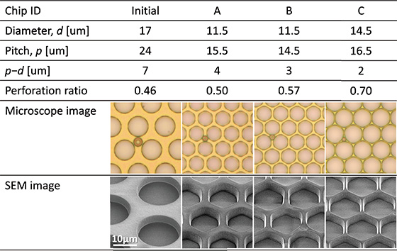 >Table 1. The list of the layouts of the openings in the back plates we developed, and microscopic and SEM images