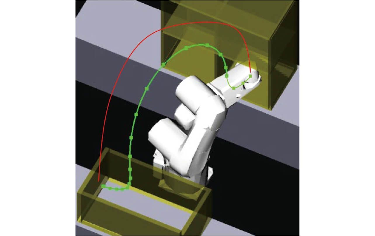 Fig. 1 PTP motion (red) and CP motion (each square (■) along the green line indicates the end-effector’s spatial position.)