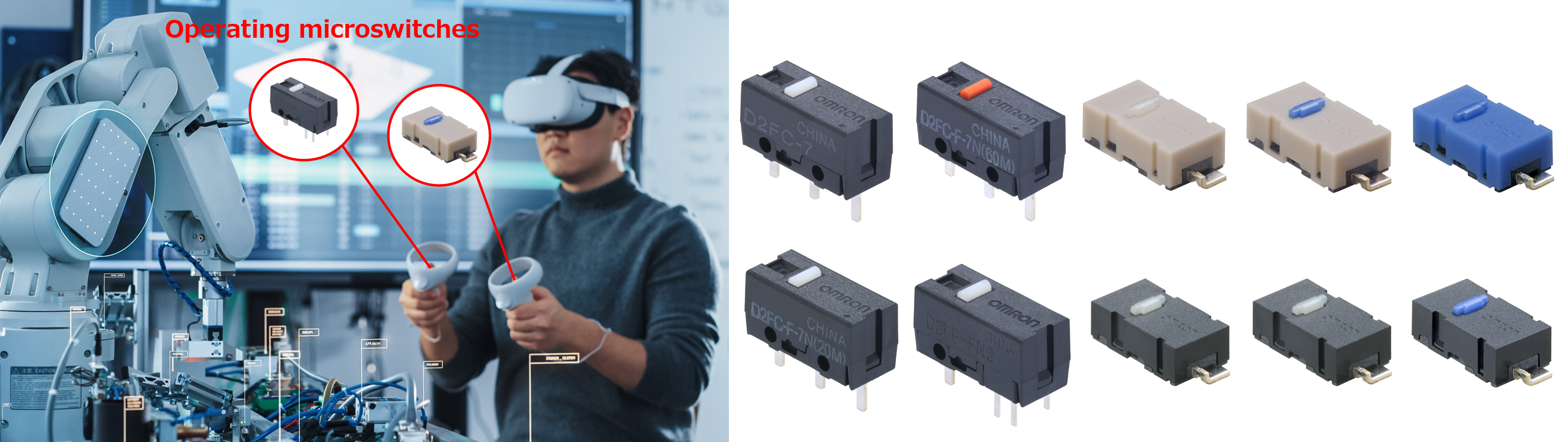 Mounting image of three series of operating microswitches: D2FC, D2LS, and D2FP
