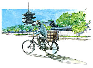 自転車で京都市内を訪問販売しているイラスト