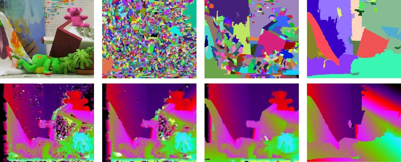 図5　融合ベースのステレオマッチング 上：参照画像に対し、様々な粒度のスーパーピクセルを推定。下：それぞれについてセグメントベース手法により視差マップ候補を生成する。視差マップ候補はグラフカットベースの最適化により融合される。出典：Woodford et al.12）より。