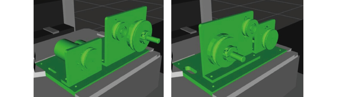 Fig. 2 Different assemblies defined by their CAD models, generated dynamically.Robot motions are adjusted automatically. Left: Standard. Right: Surprise Plus.