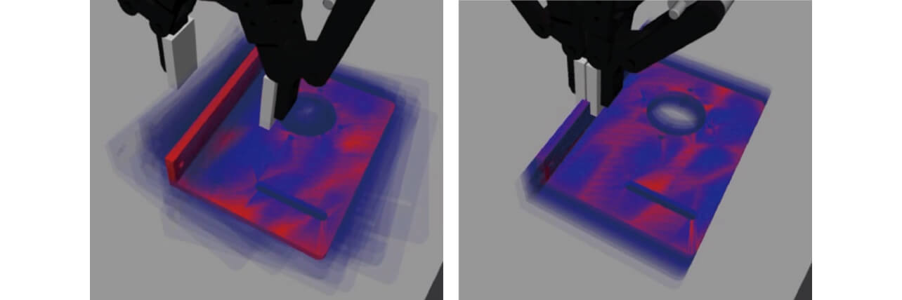 Fig. 3　An L-plate recognized by the vision system, at the assumed position (red) with uncertainty (blue). Left: Before the grasp, many positions are possible. Right: After the grasp, the possible positions are restricted.