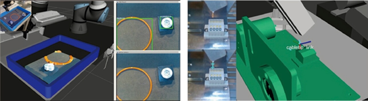 Fig. 5 The vision system developed with Prof. Akizuki from Chukyo University and Toshio Ueshiba from AIST.Fig5-1: Parts being recognized in the tray (using neural networks) Fig5-2: Cable tip detection (using background subtraction)