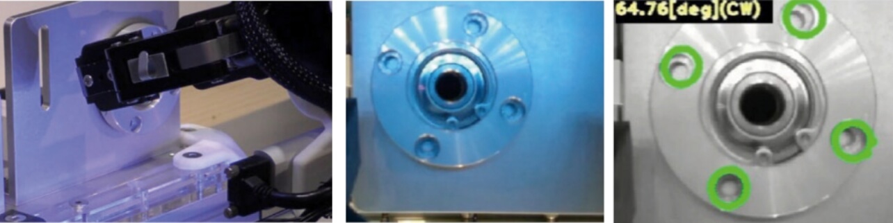 Fig. 6 LED-equipped wrist cameras allow parts inspection from up close, to determine assembly success.Left: Camera facing the bearing. Middle: Camera view. Right: Vision result (angle offset from edge detection)