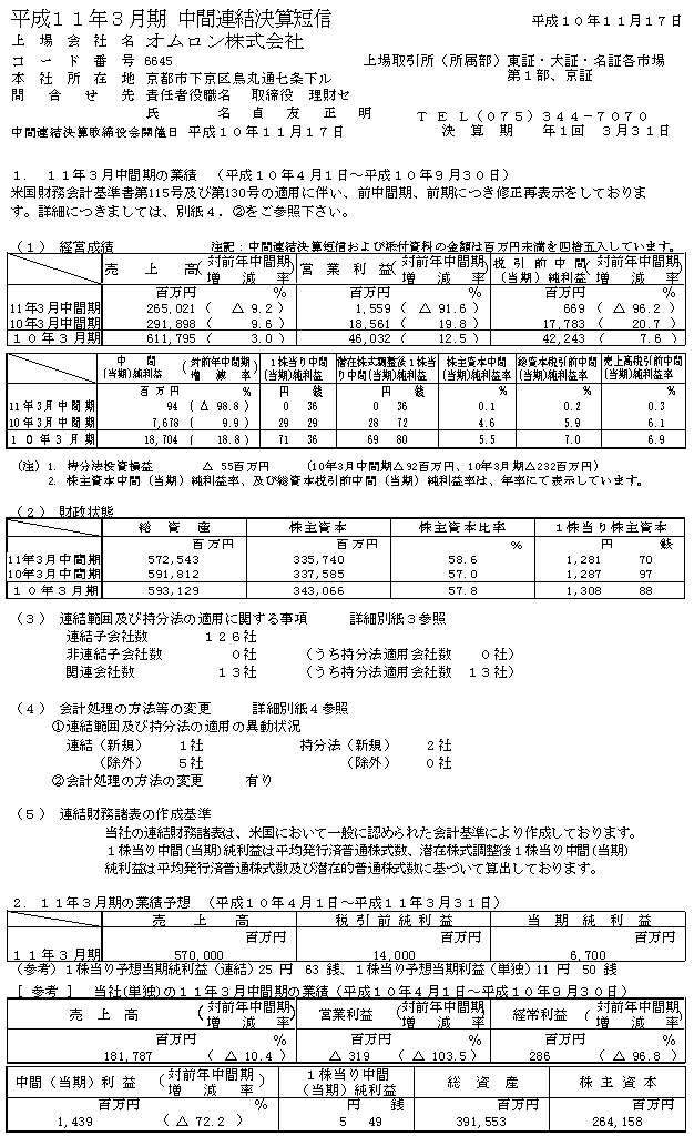 平成11年3月期 中間連結決算短信のデータ