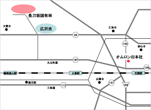 当社旧本社と長刀坂国有林の位置関係