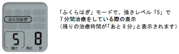 「ふくらはぎ」モードで、強さレベル「5」で7分間治療をしている際の表示（残りの治療時間が「あと8分」と表示されます）