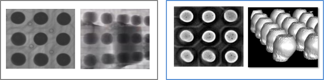 【同じはんだを2DでX線撮像した画像（左）と、3DでX線撮像した画像（右）】