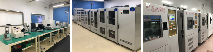 CNASを取得した、深圳工場内の主な実験施設（左から測定室、耐久性試験室、環境試験室）