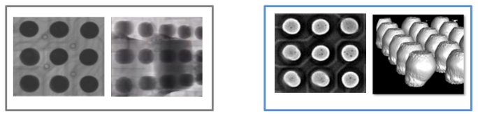 同じはんだを2DでX線撮像した画像（左）と、3DでX線撮像した画像（右）